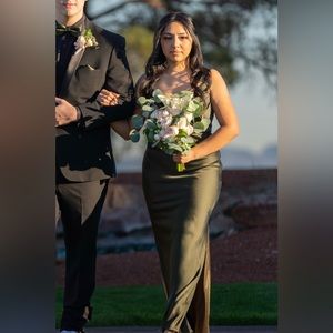 Revelry Skye Satin Dress - Deep Olive Size 8 Petite